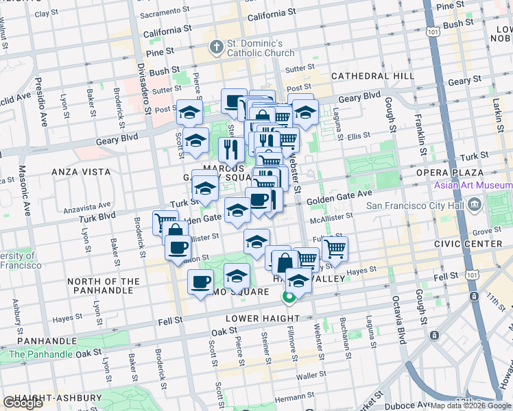map of restaurants, bars, coffee shops, grocery stores, and more near 1028 Steiner Street in San Francisco