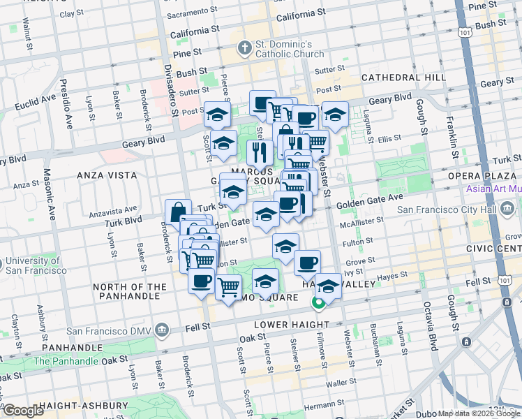 map of restaurants, bars, coffee shops, grocery stores, and more near 1455 Golden Gate Avenue in San Francisco