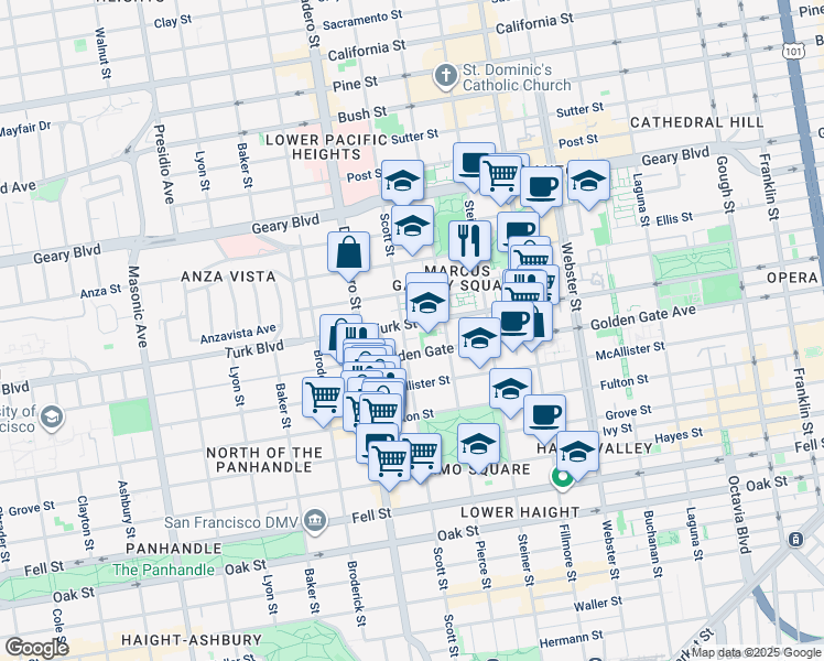 map of restaurants, bars, coffee shops, grocery stores, and more near 1513 Golden Gate Avenue in San Francisco