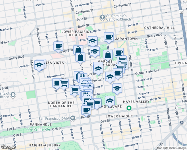 map of restaurants, bars, coffee shops, grocery stores, and more near 1616 Golden Gate Avenue in San Francisco