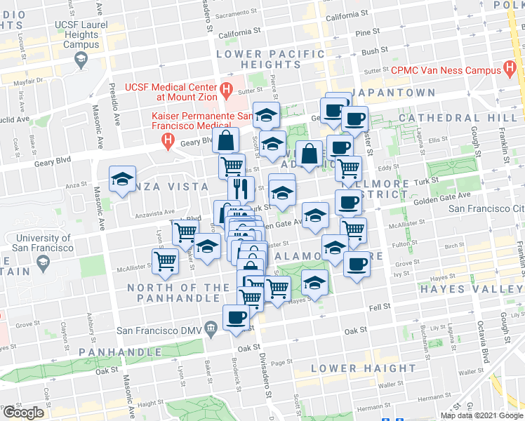 map of restaurants, bars, coffee shops, grocery stores, and more near 1616 Golden Gate Avenue in San Francisco