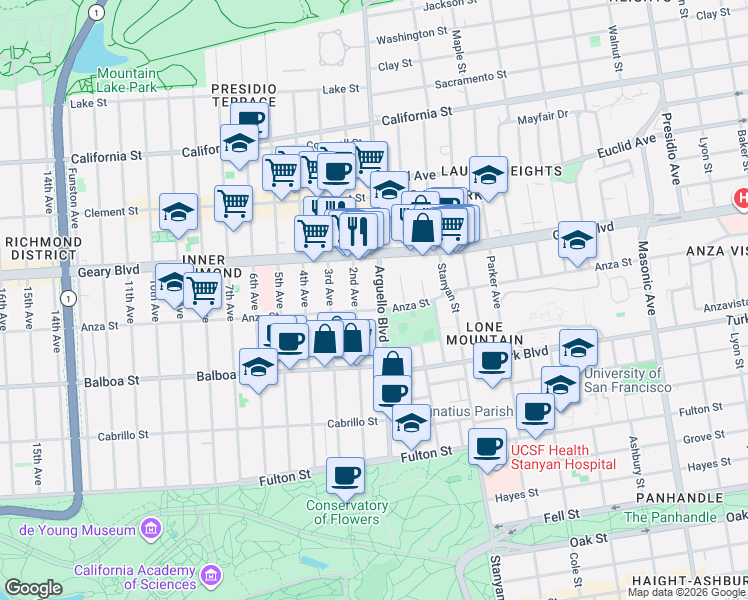 map of restaurants, bars, coffee shops, grocery stores, and more near 600 Arguello Boulevard in San Francisco