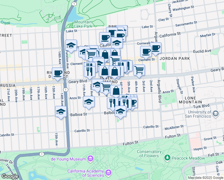 map of restaurants, bars, coffee shops, grocery stores, and more near 1653 Anza Street in San Francisco