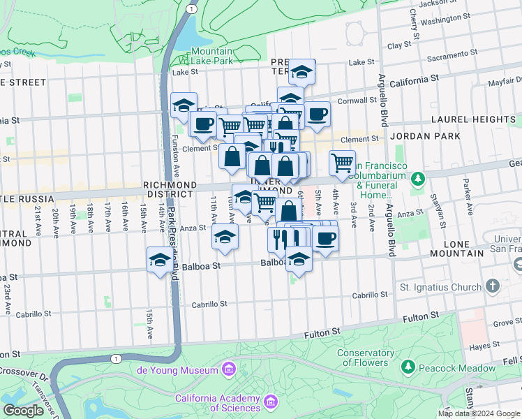 map of restaurants, bars, coffee shops, grocery stores, and more near 1653 Anza Street in San Francisco