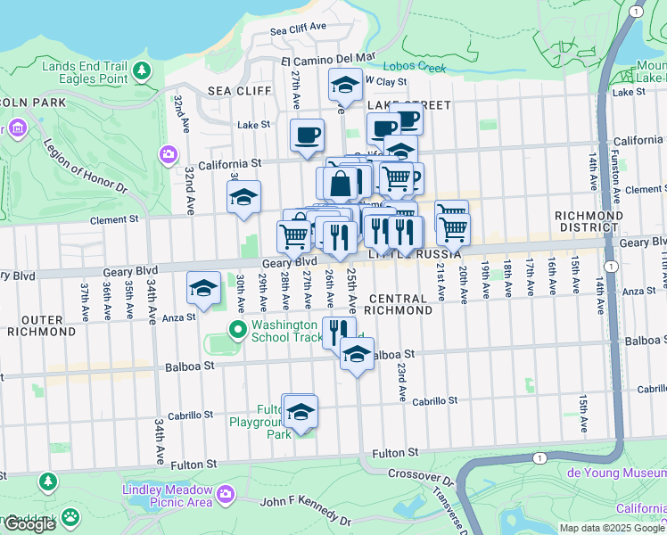 map of restaurants, bars, coffee shops, grocery stores, and more near 550 26th Avenue in San Francisco