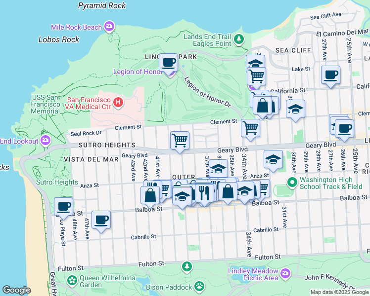 map of restaurants, bars, coffee shops, grocery stores, and more near 519 38th Avenue in San Francisco