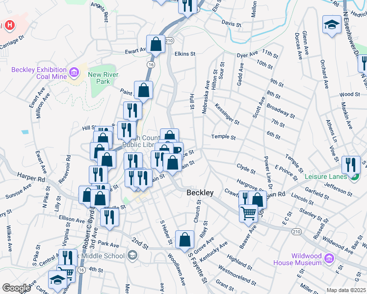 map of restaurants, bars, coffee shops, grocery stores, and more near 121 East Main Street in Beckley