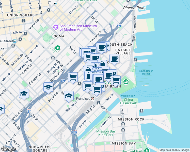 map of restaurants, bars, coffee shops, grocery stores, and more near 411 Brannan Street in San Francisco