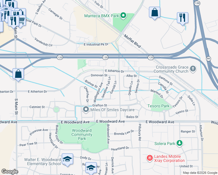 map of restaurants, bars, coffee shops, grocery stores, and more near 1530 Garold Lane in Manteca