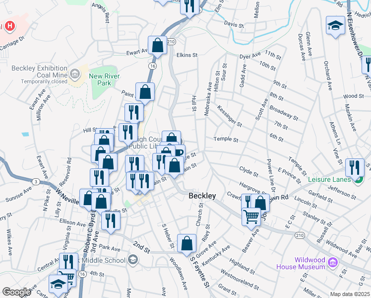 map of restaurants, bars, coffee shops, grocery stores, and more near 105 Stanhope Court in Beckley