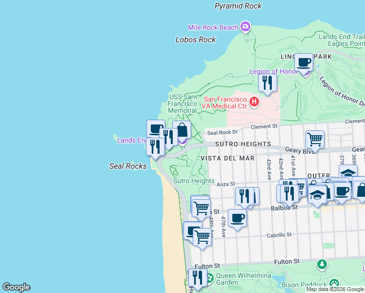 map of restaurants, bars, coffee shops, grocery stores, and more near 680 Point Lobos Avenue in San Francisco