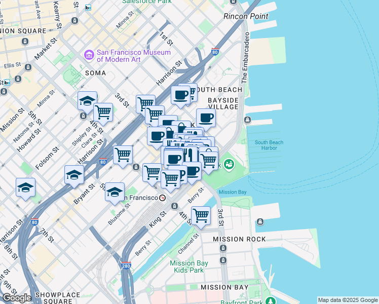 map of restaurants, bars, coffee shops, grocery stores, and more near 178 Townsend Street in San Francisco