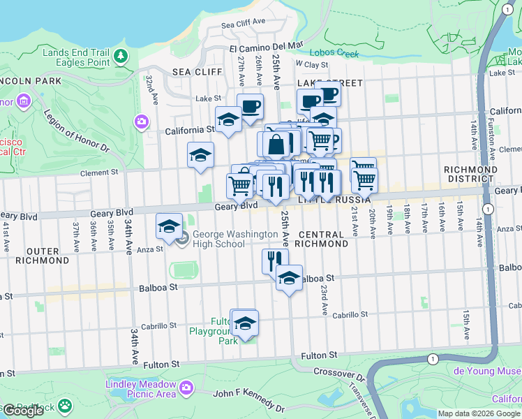 map of restaurants, bars, coffee shops, grocery stores, and more near 550 26th Avenue in San Francisco