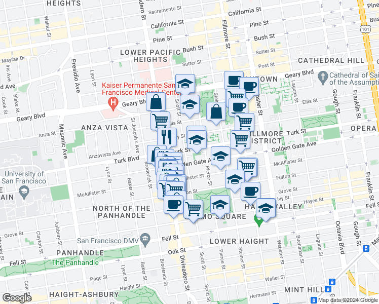 map of restaurants, bars, coffee shops, grocery stores, and more near 1675 Turk Street in San Francisco