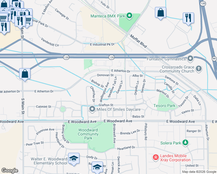 map of restaurants, bars, coffee shops, grocery stores, and more near 1541 Swallow Tail Lane in Manteca