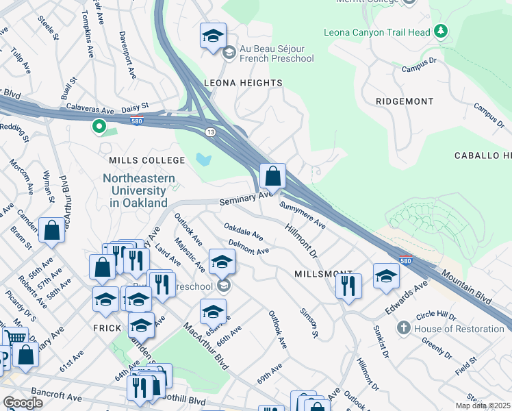 map of restaurants, bars, coffee shops, grocery stores, and more near 6167 Overdale Avenue in Oakland