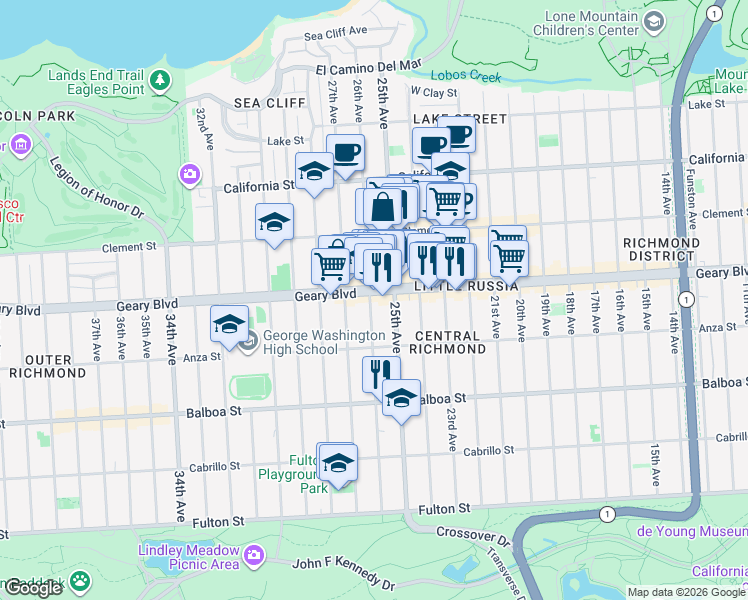 map of restaurants, bars, coffee shops, grocery stores, and more near 510 26th Avenue in San Francisco