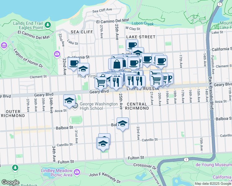 map of restaurants, bars, coffee shops, grocery stores, and more near 550 26th Avenue in San Francisco