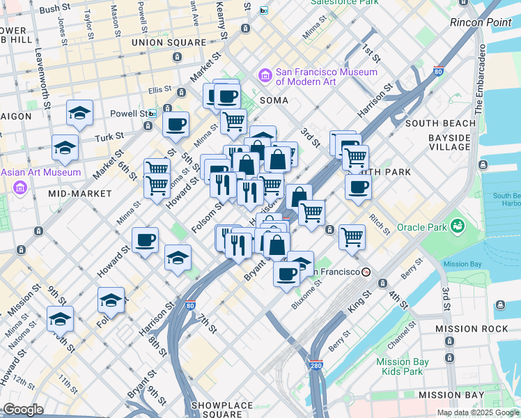 map of restaurants, bars, coffee shops, grocery stores, and more near 870 Harrison Street in San Francisco