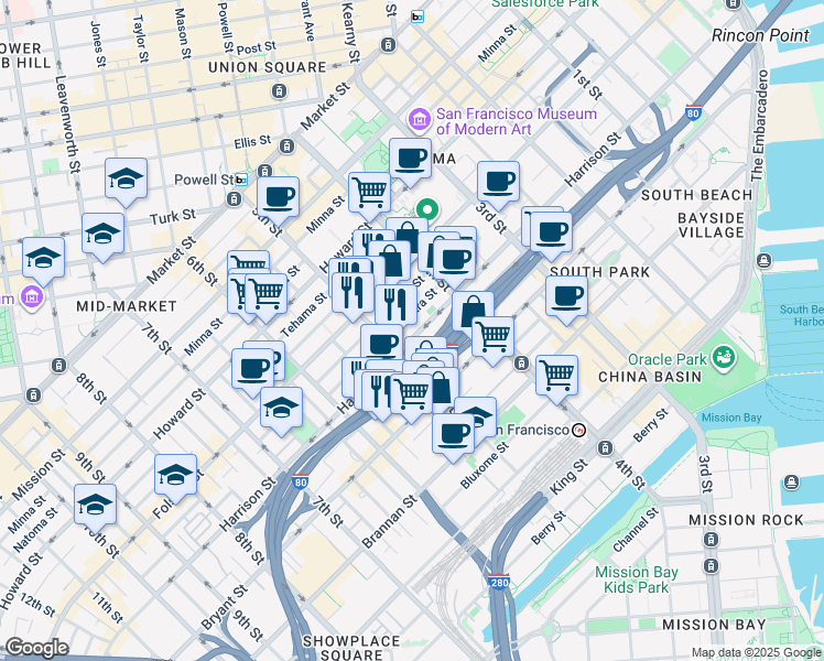 map of restaurants, bars, coffee shops, grocery stores, and more near 420 5th Street in San Francisco