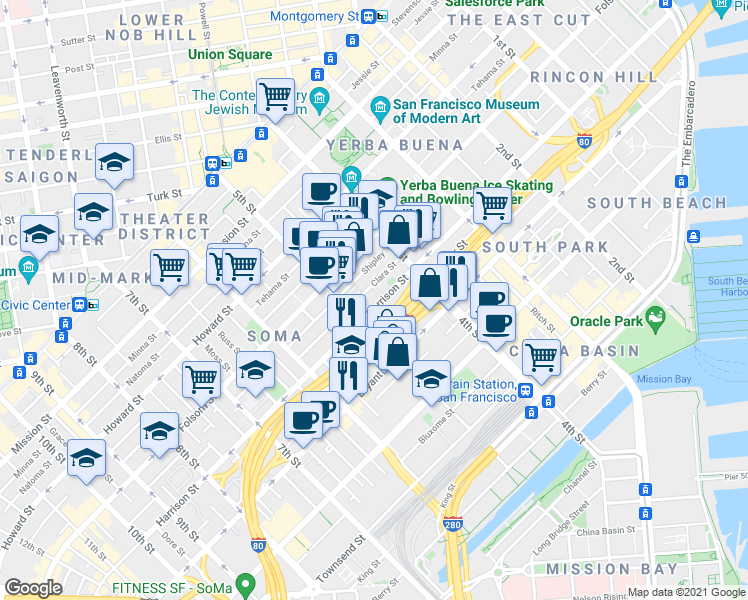 map of restaurants, bars, coffee shops, grocery stores, and more near 420 5th Street in San Francisco