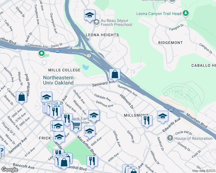 map of restaurants, bars, coffee shops, grocery stores, and more near 6167 Overdale Avenue in Oakland