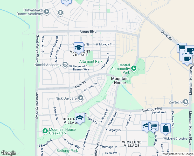 map of restaurants, bars, coffee shops, grocery stores, and more near 35 South Fermina Drive in Tracy