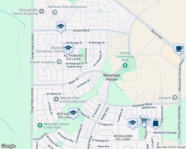 map of restaurants, bars, coffee shops, grocery stores, and more near 214 West La Flor Lane in Mountain House