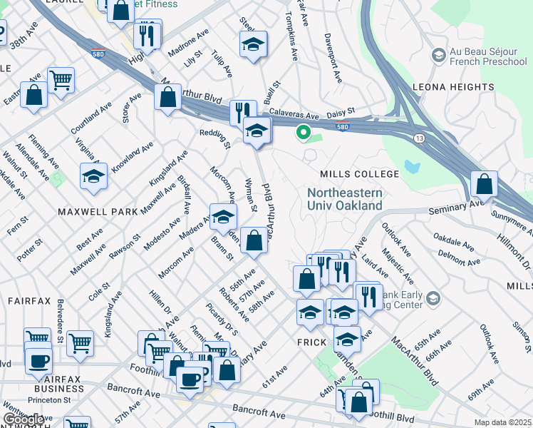 map of restaurants, bars, coffee shops, grocery stores, and more near 5243 MacArthur Boulevard in Oakland