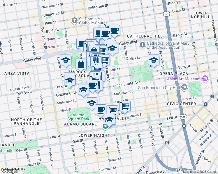 map of restaurants, bars, coffee shops, grocery stores, and more near Webster Street & Golden Gate Avenue in San Francisco