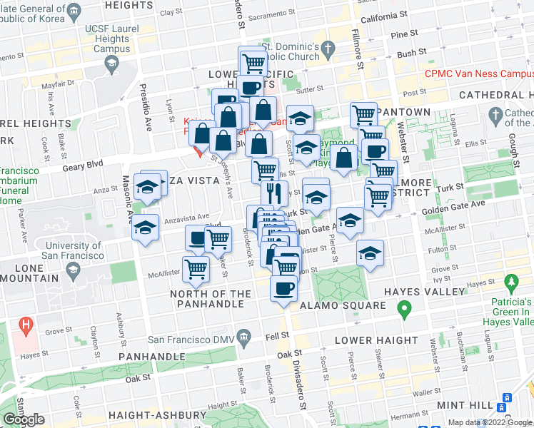 map of restaurants, bars, coffee shops, grocery stores, and more near 1199 Divisadero Street in San Francisco