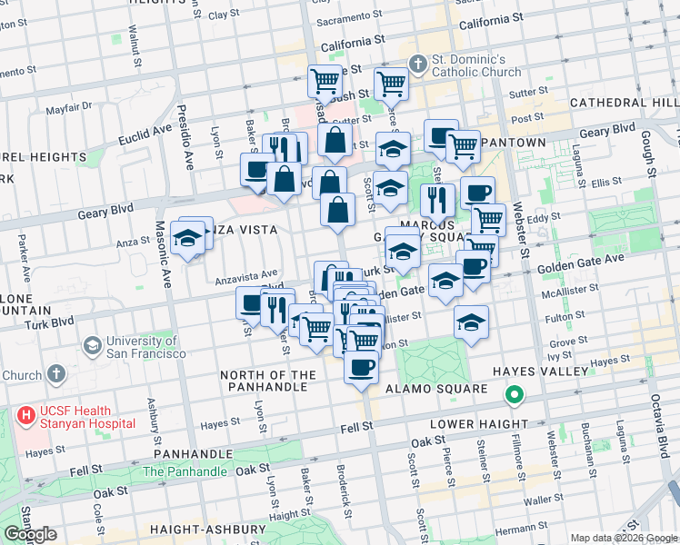 map of restaurants, bars, coffee shops, grocery stores, and more near 1800 Turk Street in San Francisco