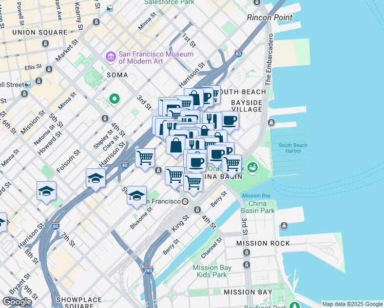 map of restaurants, bars, coffee shops, grocery stores, and more near 380 Brannan Street in San Francisco