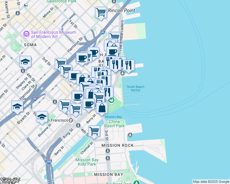 map of restaurants, bars, coffee shops, grocery stores, and more near 39 King Street in San Francisco