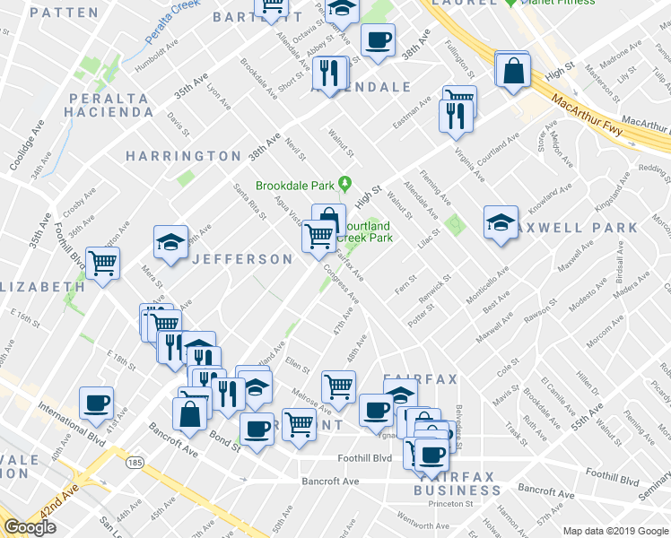 map of restaurants, bars, coffee shops, grocery stores, and more near 4528 Fairfax Avenue in Oakland