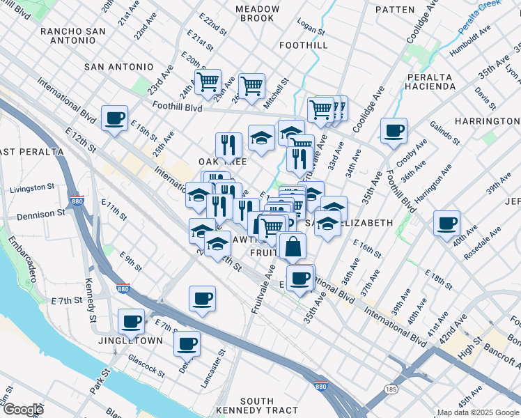 map of restaurants, bars, coffee shops, grocery stores, and more near 1534 29th Avenue in Oakland