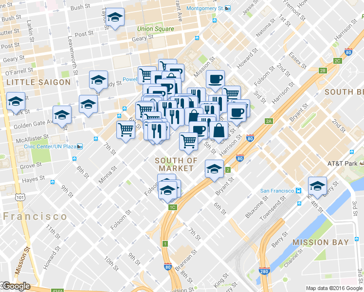map of restaurants, bars, coffee shops, grocery stores, and more near 241 5th Street in San Francisco