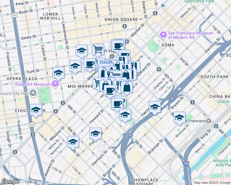 map of restaurants, bars, coffee shops, grocery stores, and more near in San Francisco