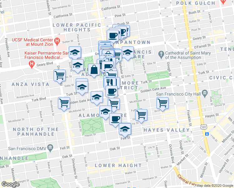 map of restaurants, bars, coffee shops, grocery stores, and more near 1109 Fillmore Street in San Francisco