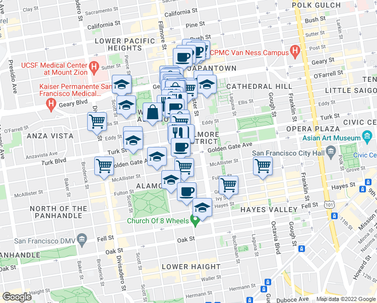 map of restaurants, bars, coffee shops, grocery stores, and more near 1109 Fillmore Street in San Francisco