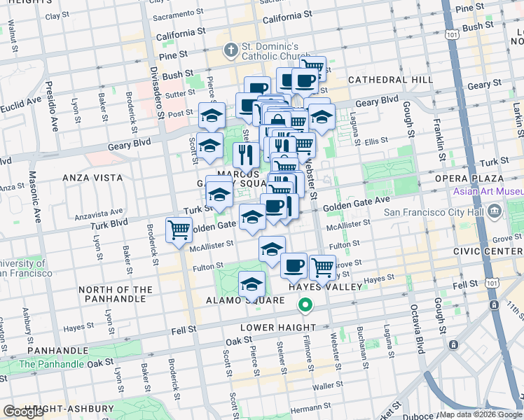 map of restaurants, bars, coffee shops, grocery stores, and more near 1430 Turk Street in San Francisco