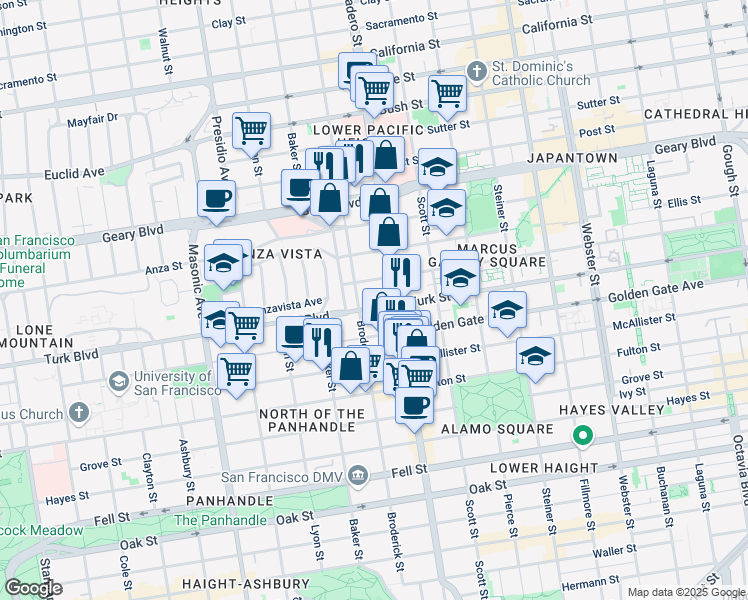 map of restaurants, bars, coffee shops, grocery stores, and more near 1100 Broderick Street in San Francisco