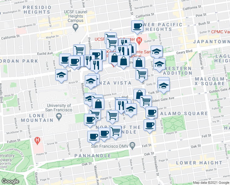 map of restaurants, bars, coffee shops, grocery stores, and more near in San Francisco