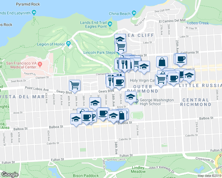 map of restaurants, bars, coffee shops, grocery stores, and more near 455 34th Avenue in San Francisco