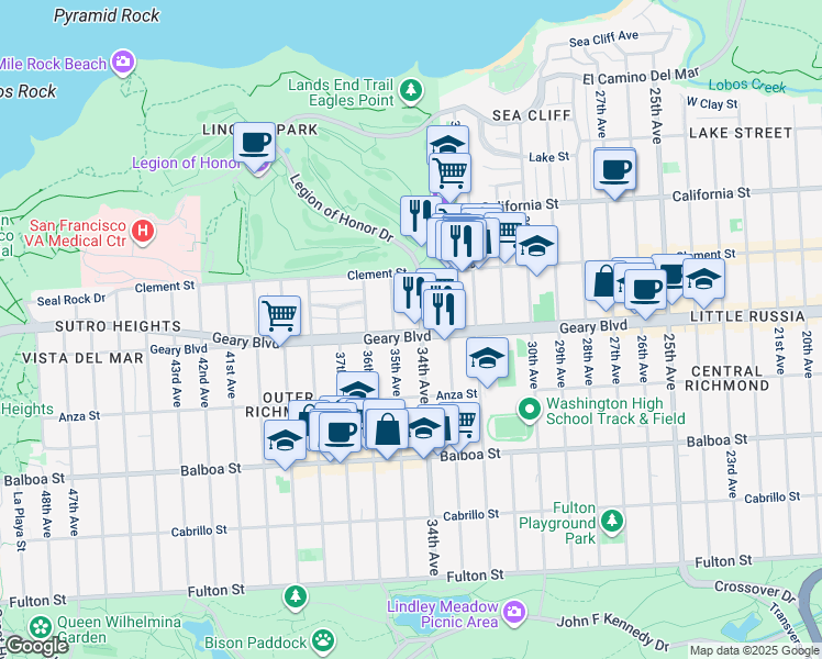 map of restaurants, bars, coffee shops, grocery stores, and more near 455 34th Avenue in San Francisco
