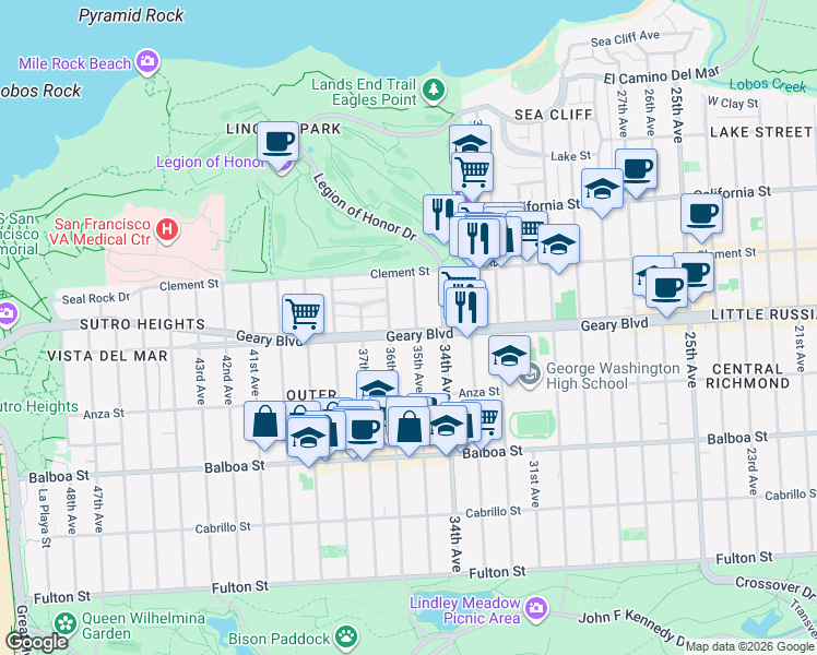 map of restaurants, bars, coffee shops, grocery stores, and more near 455 35th Avenue in San Francisco