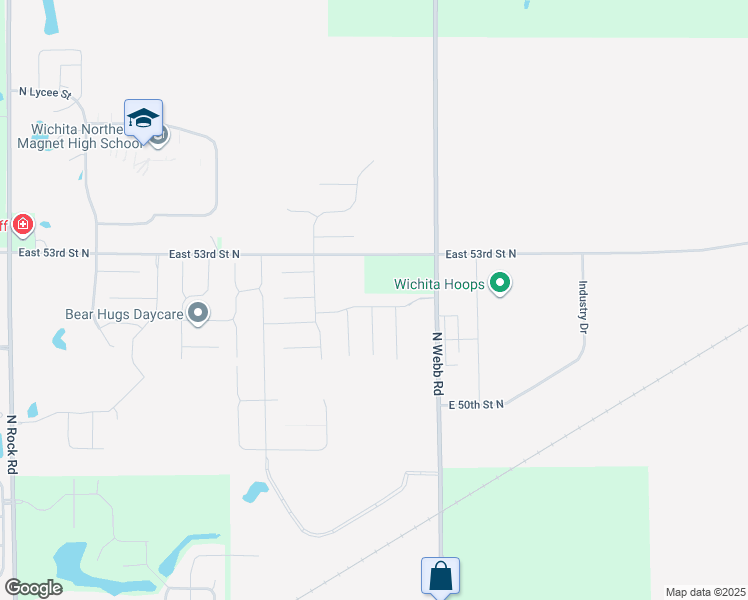 map of restaurants, bars, coffee shops, grocery stores, and more near 9519 East 53rd Street North in Wichita