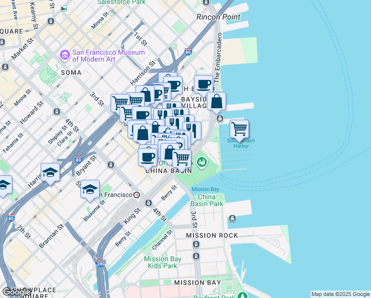map of restaurants, bars, coffee shops, grocery stores, and more near 88 Townsend Street in San Francisco