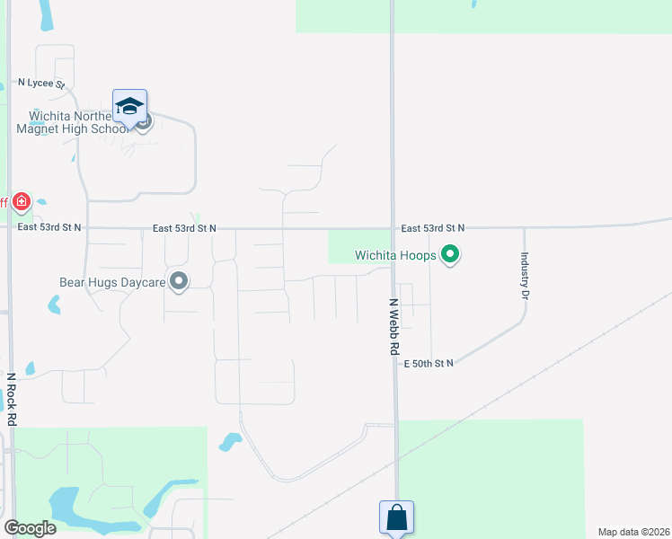 map of restaurants, bars, coffee shops, grocery stores, and more near 9519 East 53rd Street North in Wichita