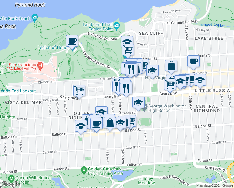 map of restaurants, bars, coffee shops, grocery stores, and more near 455 34th Avenue in San Francisco